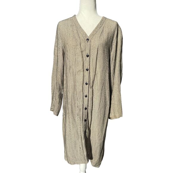 Eileen Fisher Sweaters - Eileen Fisher Womens Beige Black Linen Blend Long Cardigan Duster Sweater Sz 1